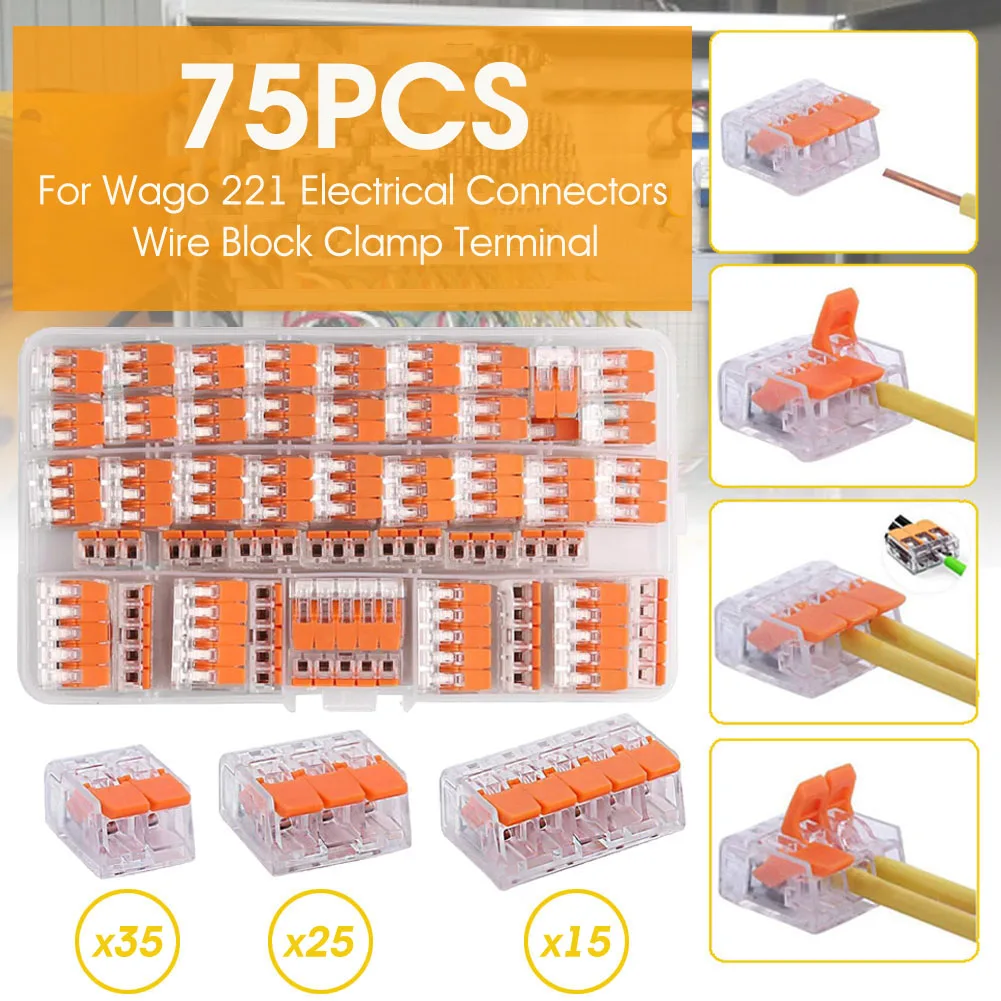 For Sale Terminal-Connector Block-Clamp Wire Wago 221 Reusable for Mini Quick 75pcs DolGYyqZKwV
