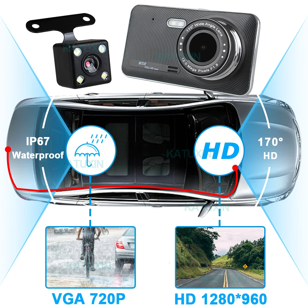 4 дюйма 1080P Скрытая Dash Cam Регистраторы Двойной объектив Видеорегистраторы для автомобилей Камера для парковочной системы KATUXIN AT908