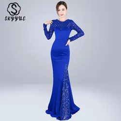 Skyyue 2019, сексуальные платья с длинным рукавом и блестками, вечерние платья для женщин, вечерние платья с круглым вырезом, длина до пола