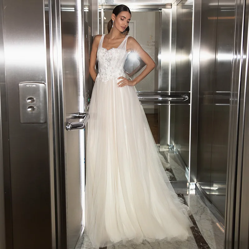 

Thinyfull Elegant Tulle Light Champagne Wedding Dresses Lace Applqiues Backless Arabic Simple Robe Mariage Gowns Customized
