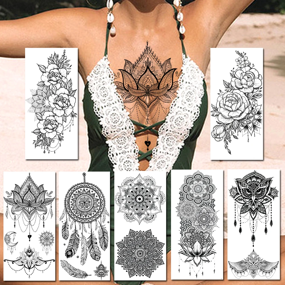 Adesivo per tatuaggi temporanei all'henné nero Gioielli finti realistici  Tatuaggi di fiori di mandala per le donne Carta per body art acchiappasogni  sexy - AliExpress, image size:1000x1000