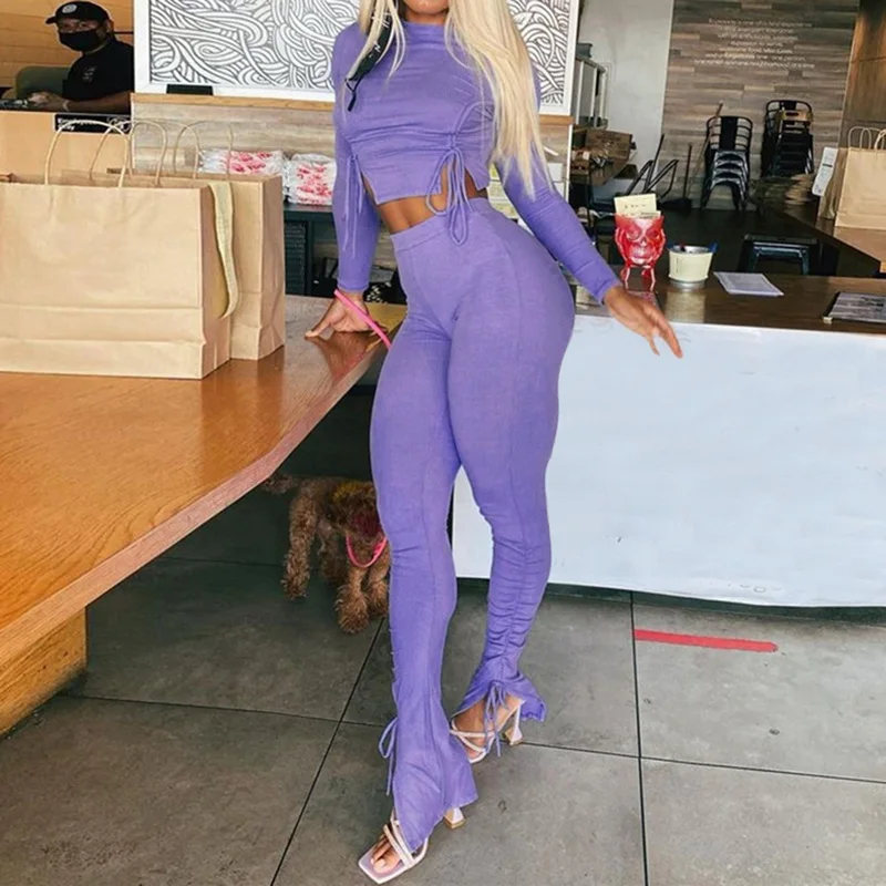 

Tracksuits Women Two Piece Set Crop Top+Flare Pants Casual Joggers Drawstring Bell Bottom Pants Matching Suits Trousers
