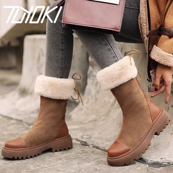 

Tuyoki Women Snow Boots Real Leather Warm Fur Cross Strap Fashion Platform Winter Shoes Woman Plush Fur Short Boot Size 35-40