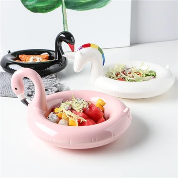 

Ceramic Creative Snack Plate Dessert Plate Personality Unicorn Flamingo Black Swan Swimming Ring Shape Storage Plate LB71501