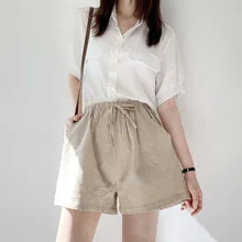 Nova mulher casual algodão linho shorts de cintura alta algodão e linho shorts oversized camisa de cintura alta solto curto plus size meados