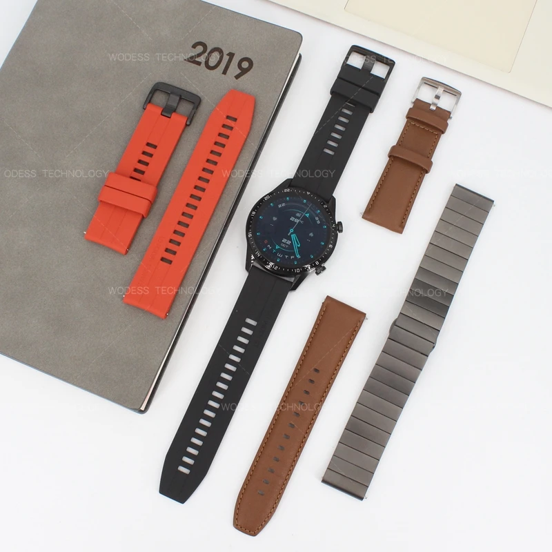 Premium Huawei GT2 46mm FKM Rubber Strap with Genuine Leather and Stainless Steel Milanese Strap