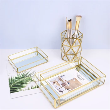 

Nordic Storage Tray Gold Rectangle Glass Brass Makeup Organizer Fruit Jewelry Display Dessert Plate Desktop Kitchen Home Decor