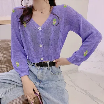

Women V-Neck Knitted Full Sleeve Cropped Slim Sweaters Cardigans Lady Single-breasted Embroideried Sweater Crop Tops for Female