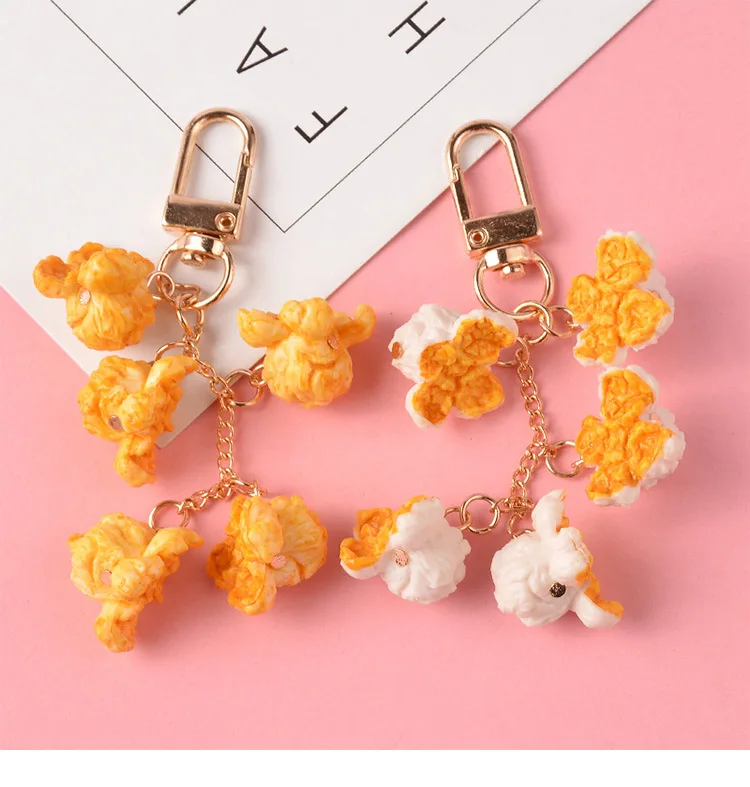 

Beautiful Kawaii Cartoon Popcorn Resin Keychains Charm Women Girls Jewelry Cute Simulated Food Pendant Car Key Fashion Toys Gi