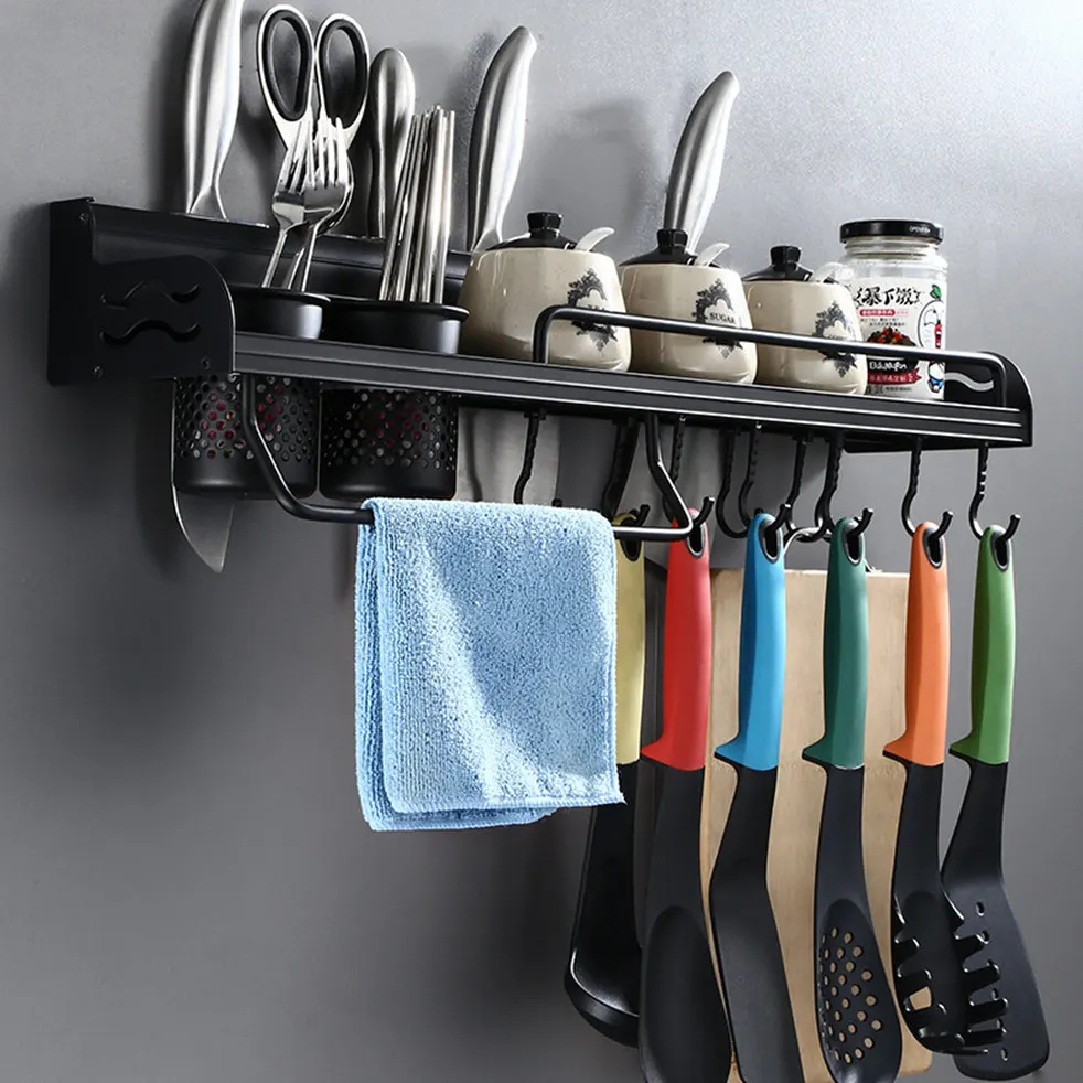 Kitchen Shelf Black Rack Spice Cooker Pantry Shelf Wall Mounted Frame Tool Chopstick Holder Rotatable Black Space Aluminum