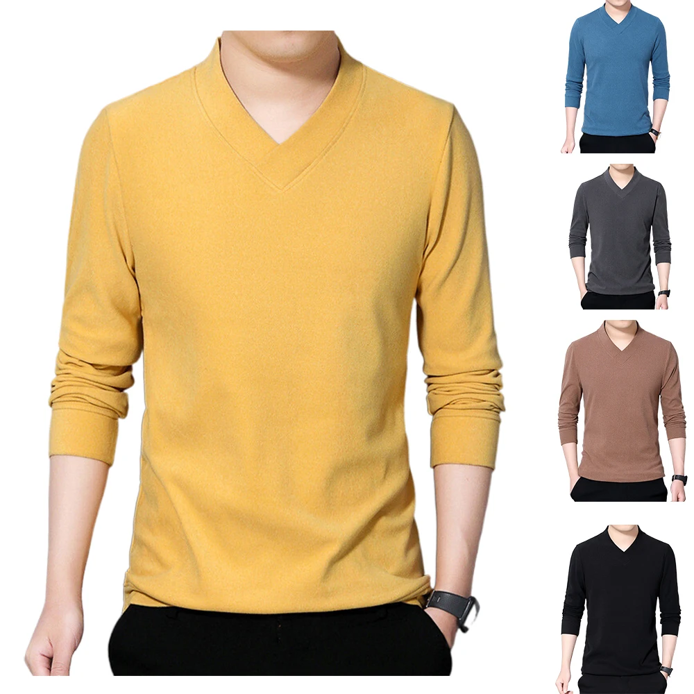 

Double-faced fleece men's sweater autumn winter V-neck warm pullover bottoming shirt men's T-shirt long sleeve clothing camisa