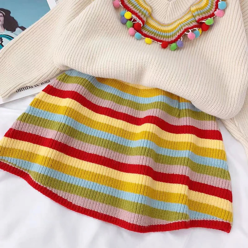 Babyinstar, модные детские комплекты радужной вязки для маленьких девочек, свитер с помпонами+ цветная вязаная юбка комплекты из 2 предметов детская одежда