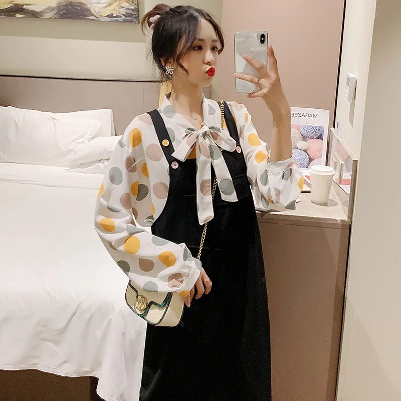

Maternity Autumn New Clothes Set Long Lantern Sleeve Bow Collar Blouse+Black Strap Dress Twinset Plus Size Maternity Dress Suits