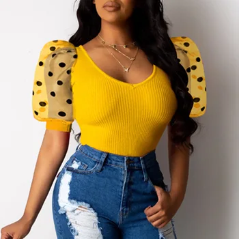 

Yellow Mesh Women Tops Puff Sleeve Summer African 2020 Pokla Dot Slim Female T-shirts V Neck Pullover Sexy V Neck Tops