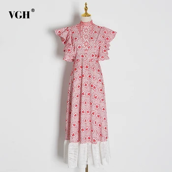 

VGH Embroidery Patchwork Winter Dress Women Stand Collar Butterfly Sleeve High Waist Hollow Out Ladies Dresses Clothing