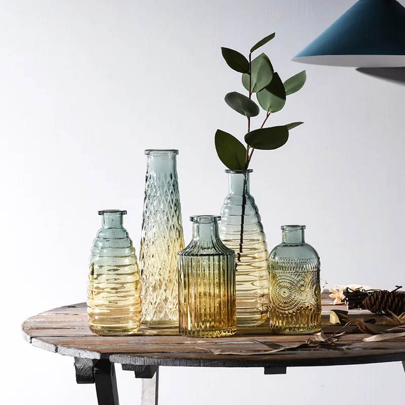 Transparent Glass Vase Gradient Color Stripe Shape Simple Modern Home Living Room Bedroom Desktop Decoration Aromatherapy Bottle | Дом и сад