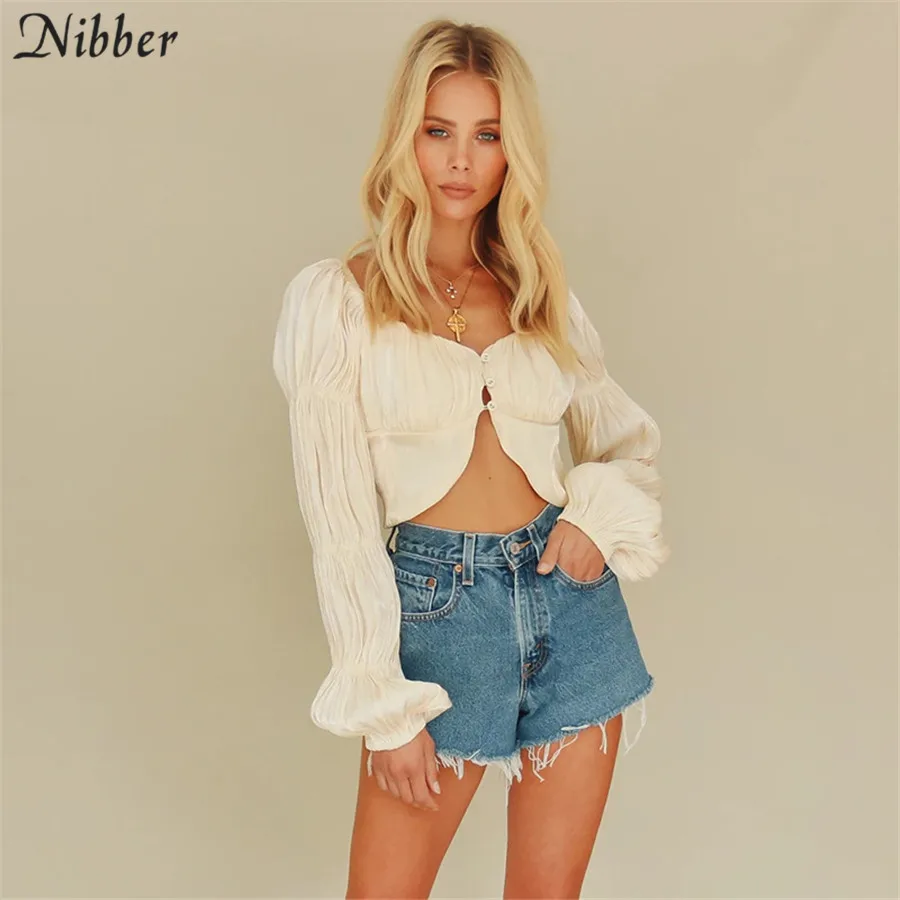 Nibber/Французский романтичный сексуальный тонкий укороченный топ, женские модные футболки, весенний топ с пышными рукавами, уличная одежда, Повседневные Вечерние футболки для женщин