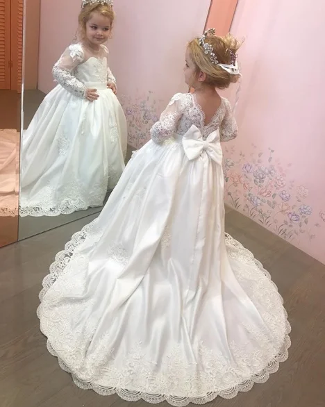 Белое кружевное платье с длинными рукавами и бусинами для девочек; платье для крестин со шлейфом и v-образным вырезом на спине; платья для девочек с цветочным узором