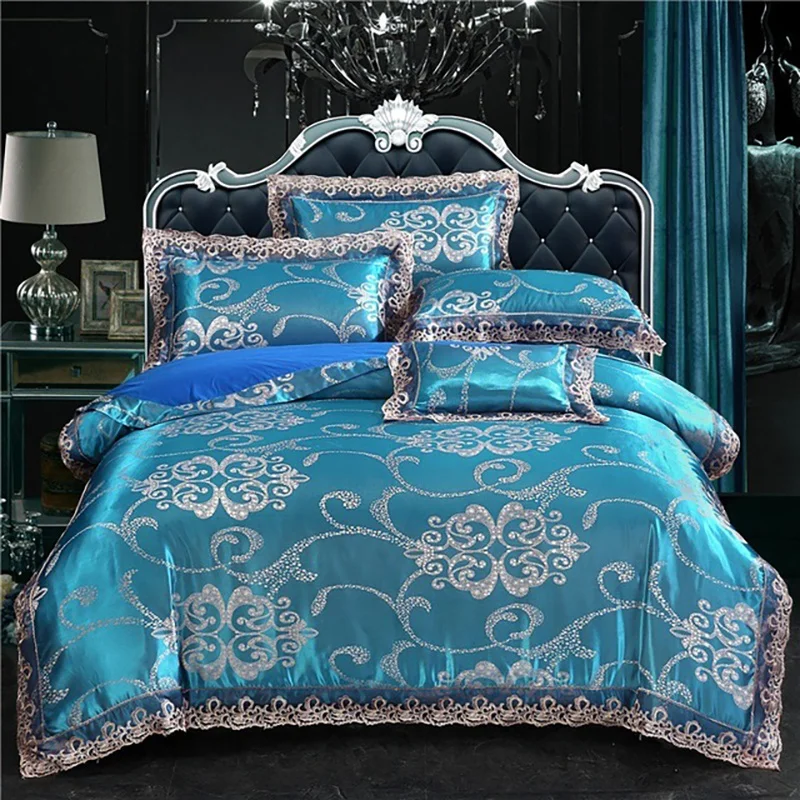 

Quality Bedding Set 4Pcs Coverings Luxury Wide Side Duvet Cover Wedding Sets Satin Jacquard Line Comforters For Queen Size Bed