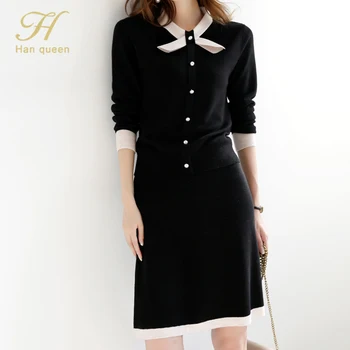 

H Han Queen Autumn Women's Pencil Sheath Party Knit 2-piece Suit skirt Women Knee Length single-breasted Set