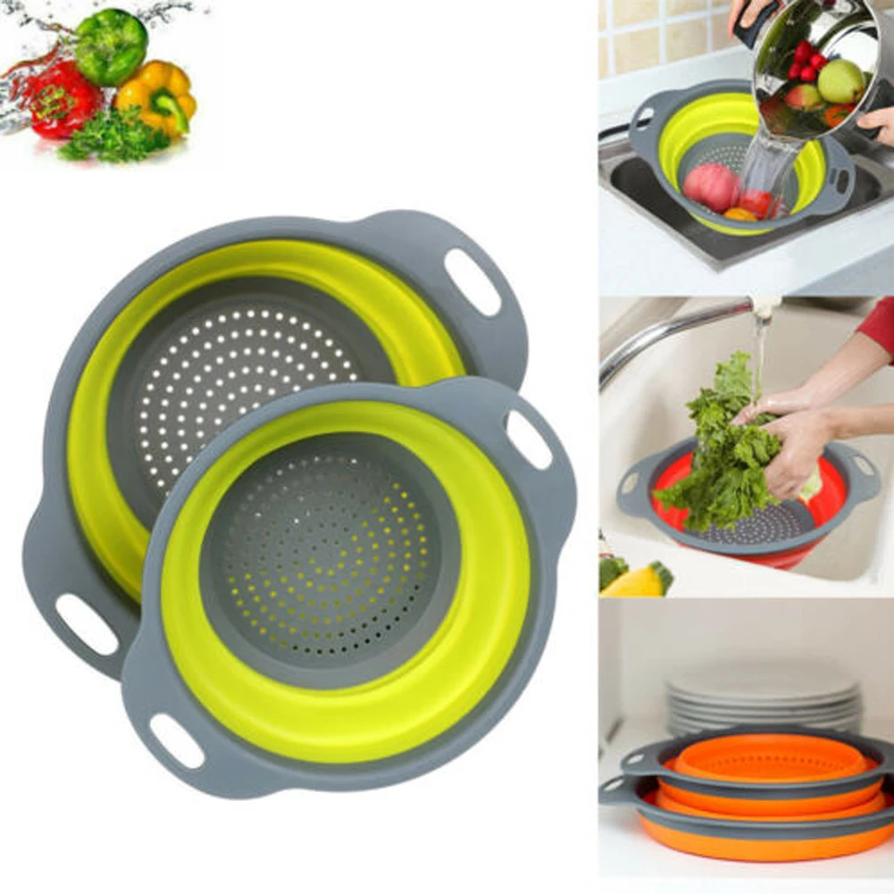 Collapsible Silicone Colander Folding Kitchen Silicone Strainer Fruit Vegetable Strainer Blue Size S 