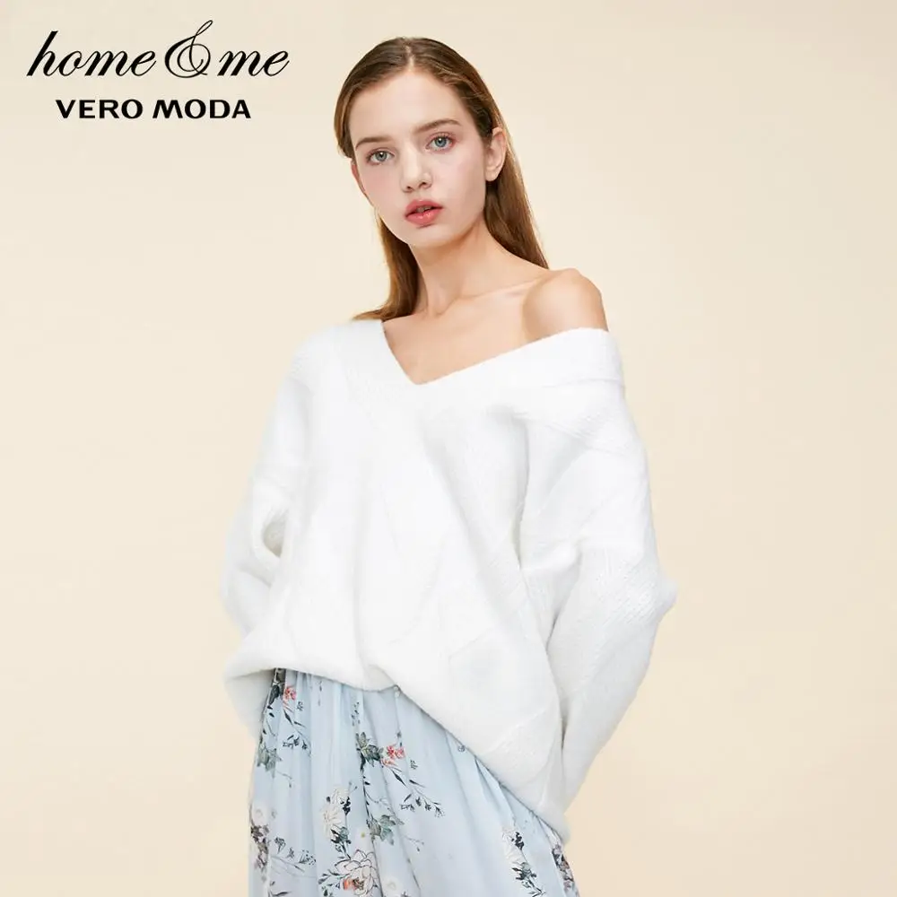 Vero Moda Новые поступления женские v-образным вырезом с открытыми плечами рукава свободный крой Домашняя одежда вязаный свитер | 318413507 - Цвет: Snow white