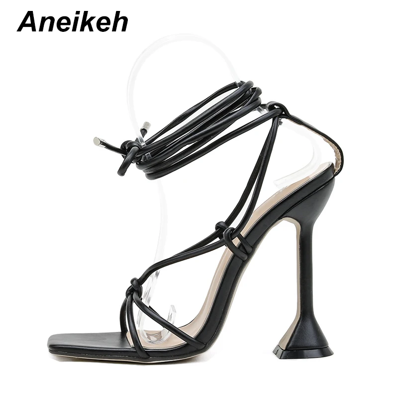 Aneikeh Summer Woman Shoes Sandals Basic Pu Fashion Cross-tied Spike Heels Lace-Up Party Pumps size 35-42 Black White Apricot Women Sandals Women High Heels Pumps