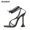 Aneikeh Summer Woman Shoes Sandals Basic Pu Fashion Cross-tied Spike Heels Lace-Up Party Pumps size 35- 41 Black White Apricot ► Photo 3/6