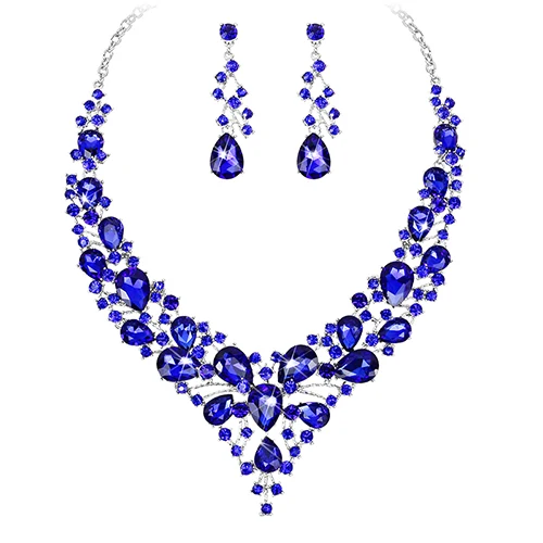 sapphire in silver Модные серьги с австрийскими кристаллами, ожерелье, индийские свадебные ювелирные наборы, подходят для свадебного костюма, рождественские подарки для женщин - Окраска металла: sapphire in silver