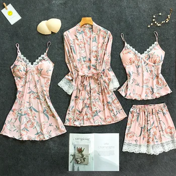 

Pink Womens 4PC Strap Top Pants Suit Pajamas Sleepwear Sets Spring Home Wear Nightwear Sexy Kimono Robe Bath Gown Bathrobe