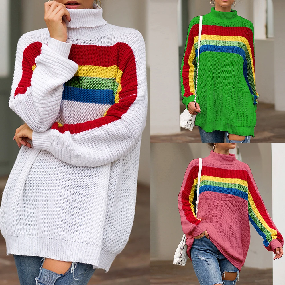 

CYSINCOS New Arrival Winter Women Rainbow Turtleneck Sweaters Jumpers Casual Knittedwear Fashion Striped Oversized Pullover Hot