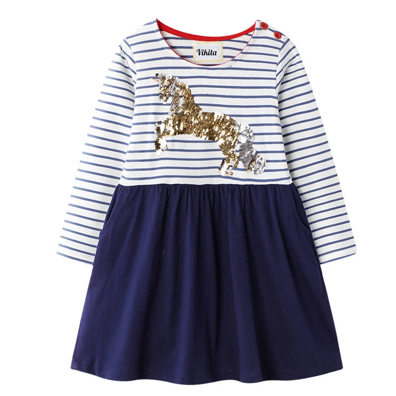 VIKITA vestido infantil Unicornio/платья с длинными рукавами с героями мультфильмов для девочек; платье для девочек с аппликацией в виде животных; осенняя одежда для девочек с единорогом - Цвет: REJM7189
