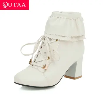

QUTAA 2020 Winter Lace Up New Autumn Pointed Toe Ankle Boots PU Leather Elegant Square High Heel Women Shoes Size 34-43