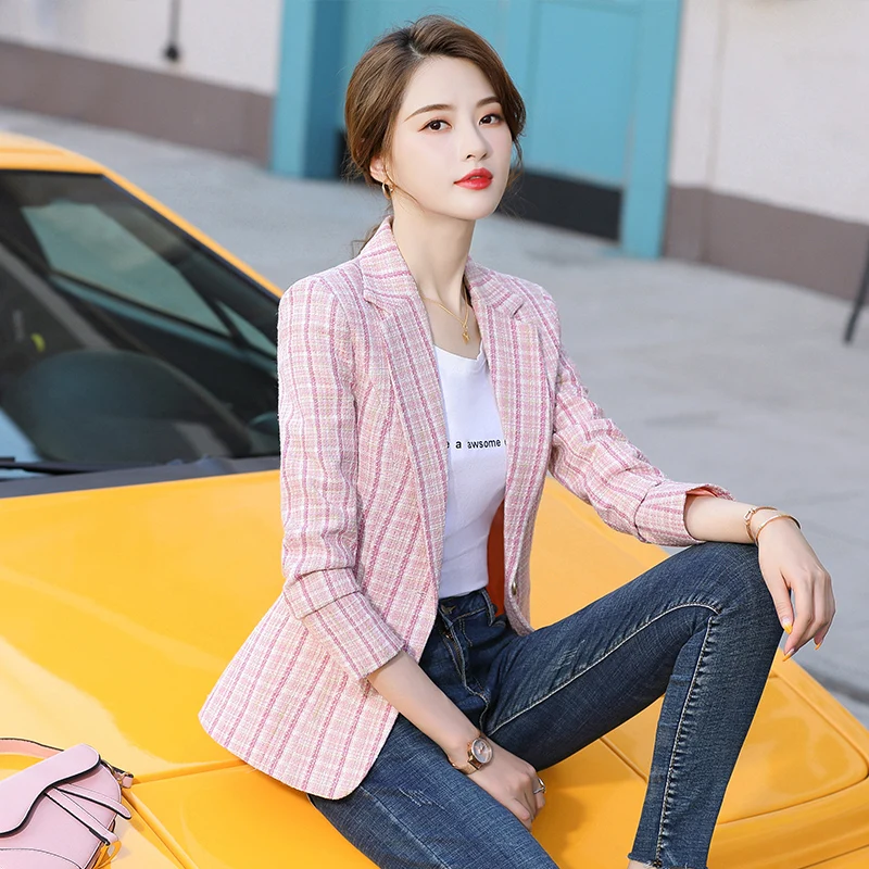 

Big Size 5XL Single Button Office Ladies Plaid Blazer Long Sleeve Loose Plaid Suit Coat Jacket Women Blazers Female High Street