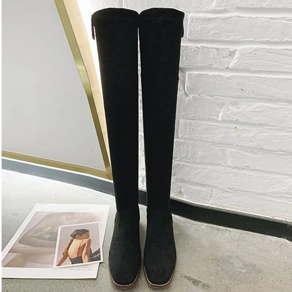 New Fashion Women's Winter High Boots Slip-on Solid Square Heel Round Toe Shoes Casual High Heel Sauare Toe Womens Ankle Boots