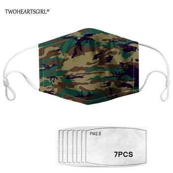 

TWOHEARTSGIRL PM2.5 Men Mouth Mask Green Camo Printed Face Mask with 7pcs Filters Men Dustproof/Windproof Masks