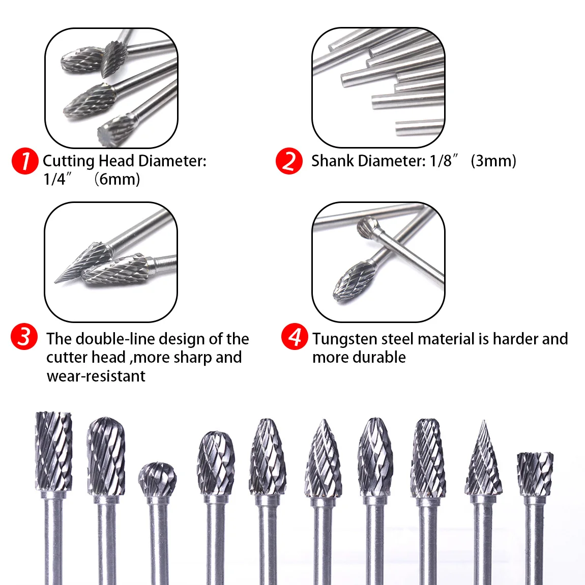 Juego de fresas de carburo compatible con Dremel vástago de 1/8 de pulgada,  10 piezas, herramienta rotativa, brocas de escopeta, accesorios