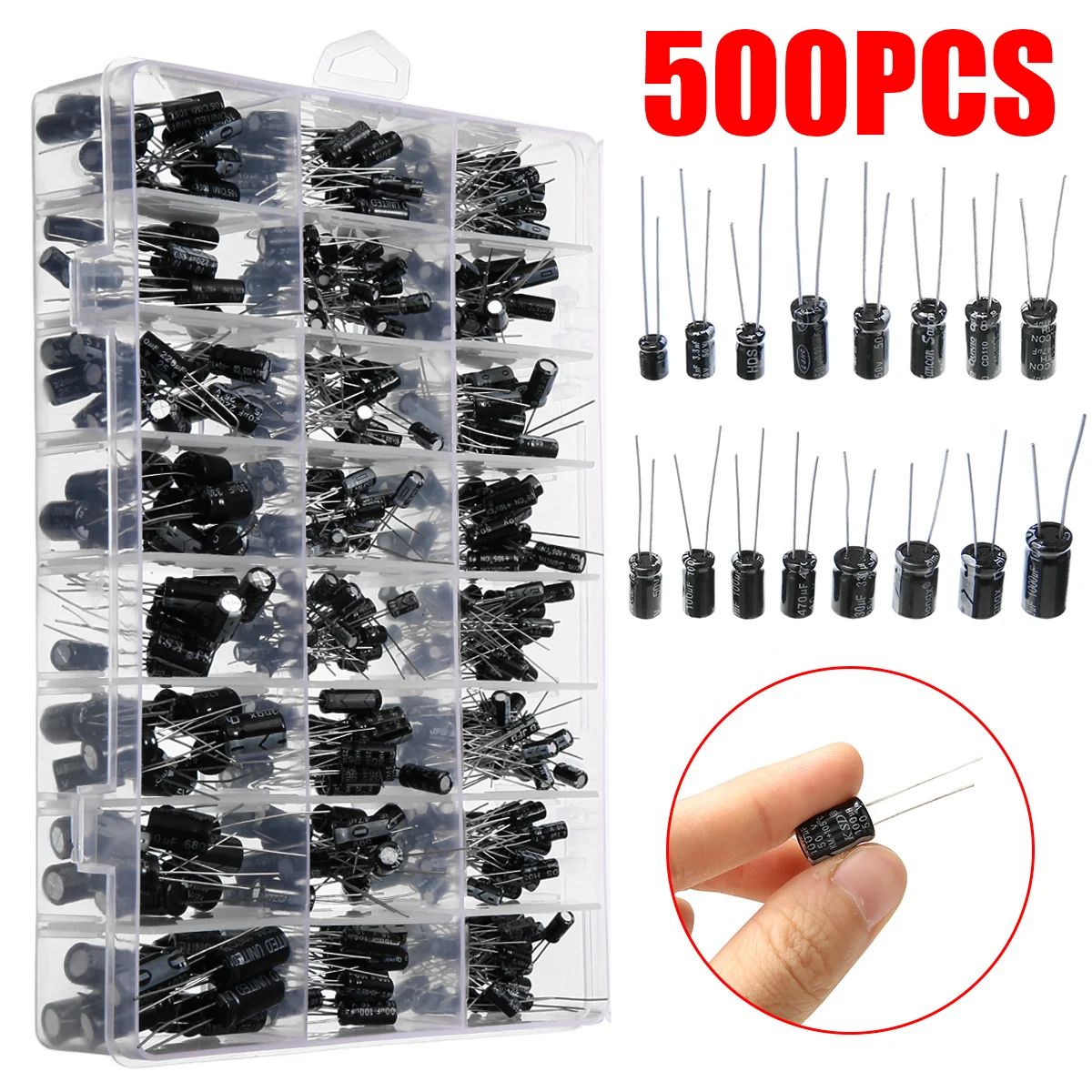 

500pcs 24 Value Electrolytic Capacitor 0.1UF-1000UF 16V-50V Assortment Kit for DIY Making Circuit Electronic Tools with Box