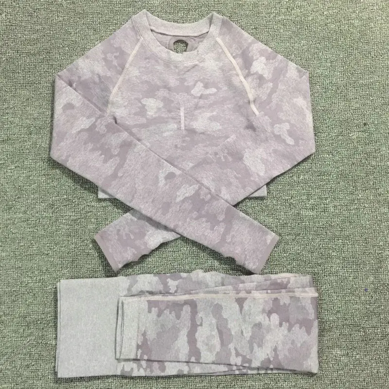 Purple Set Комплект из 2 предметов, камуфляжный, камуфляжный, для йоги, спортивная одежда для женщин, для спортзала, фитнеса, одежда для занятий йогой, леггинсы+ спортивный бюстгальтер, спортивный костюм для спортзала, Femme - Цвет: Purple Set