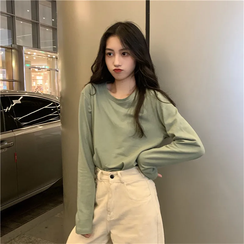 

2020 Cotton T Shirt Women Casual Long Sleeve Basic Tops Spring Autumn Loose T-Shirt Korean Harajuku Solid Top Camiseta Mujer