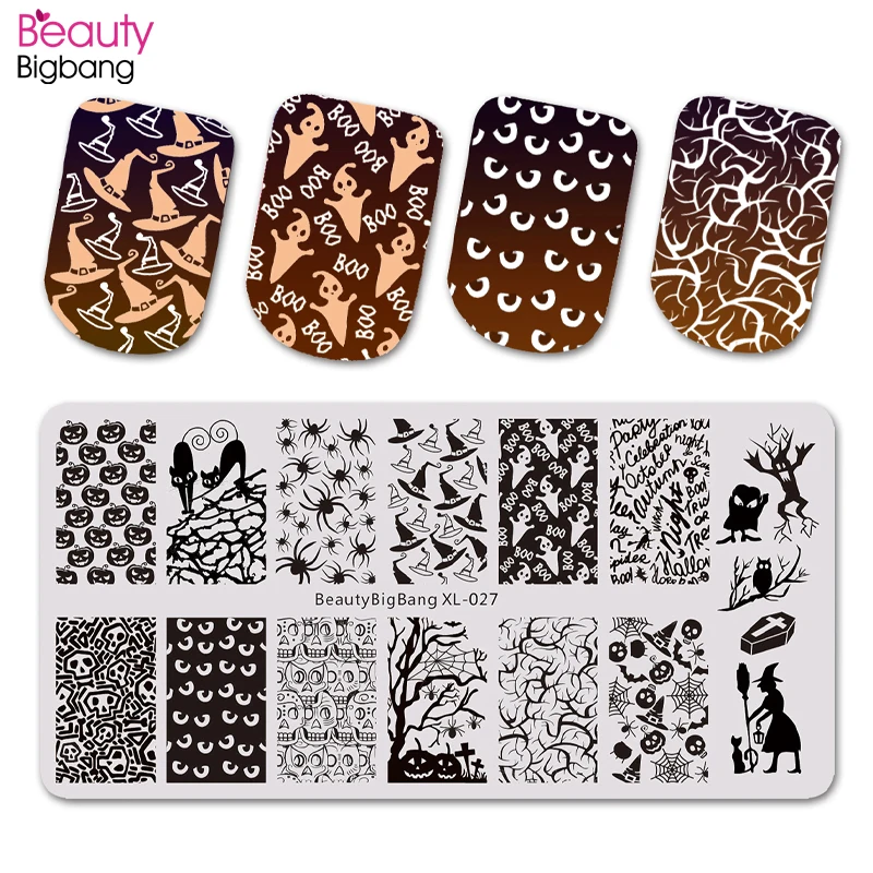 

BeautyBigBang Nail Stamping Plate Cute Halloween Spider Skull Pumpkin Witch Rectangle Nail Art Image Stamper Plate XL-027