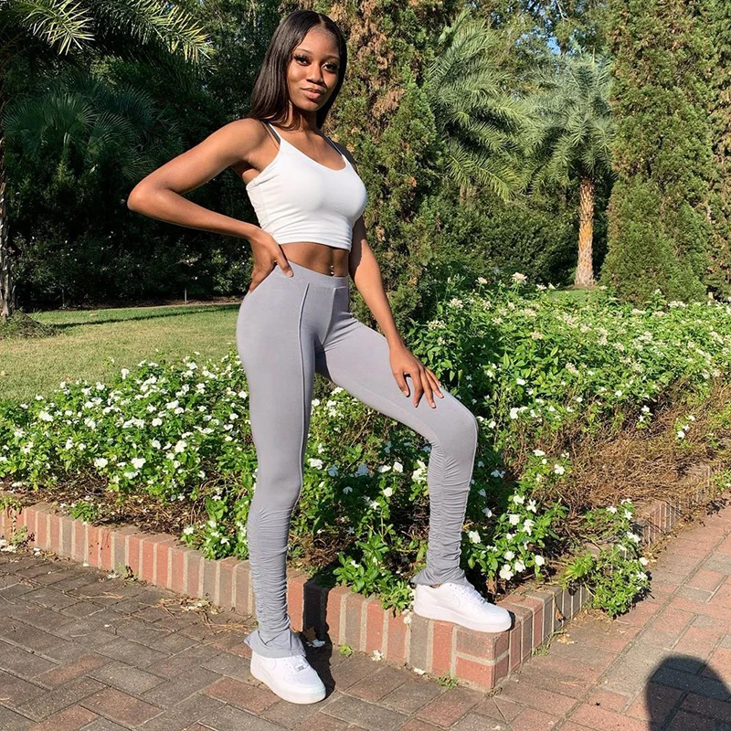 Women Ruched Solid Stacked Pants Y2K Stretch Casual Slim Jogger Long  Trousers Spring 2021 Summer New Fashion Fitness Leggings