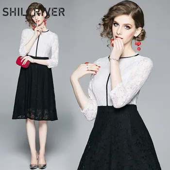

2020 spring summer fashion designer dress for women half sleeve slim casual lace elegant gorgeous pleated dresses black white