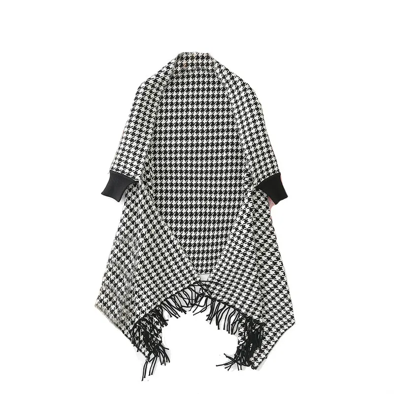 

Black White Plaid Tassel Knitted Women Cardigans 2021 Spring Autumn V Neck Casual Sweater Knitted Jackets Coats Ropa Mujer