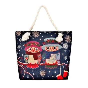 

Canvas Handbag Owl Printed Casual Style Hemp Rope Strap Shoulder Bag Daily Use L9BE