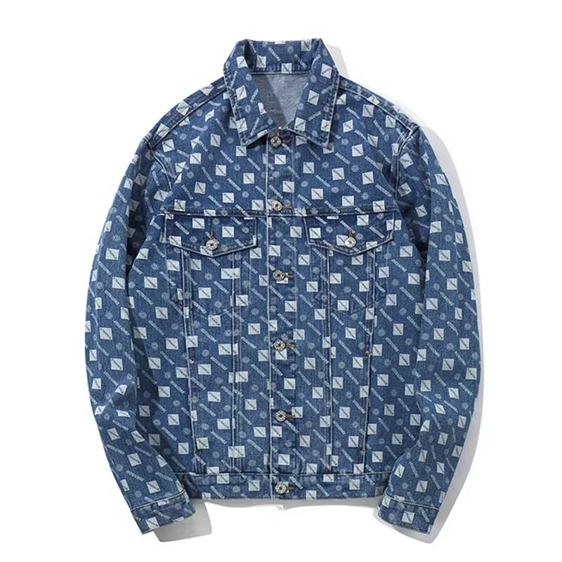 

Mcikkny Fashion Men's Printed Denim Jackets Square Lattice Pattern Jeans Coats For Male Hip Hop