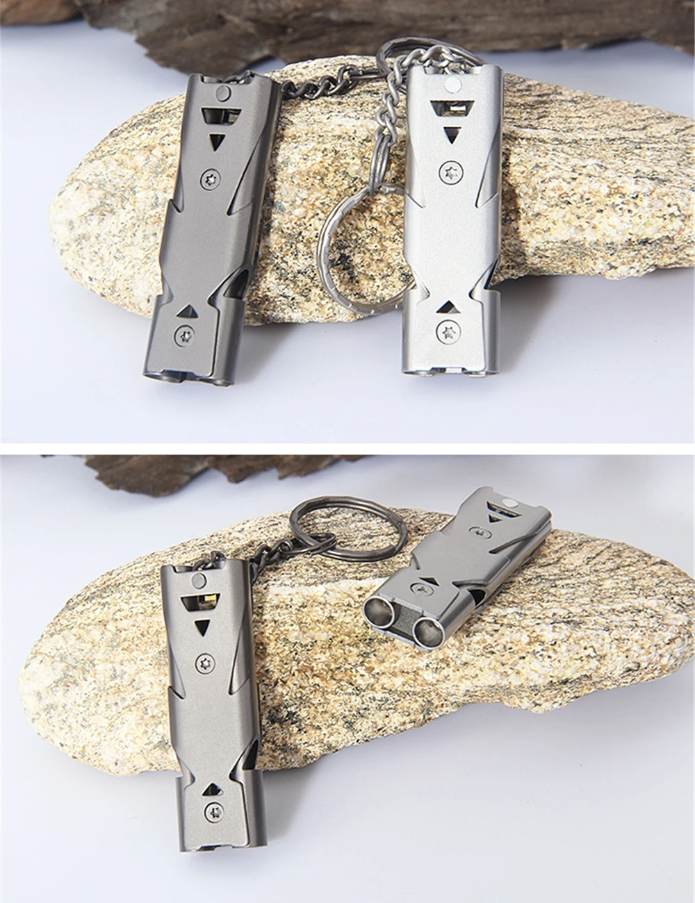 Description Picture 4 of itemOutdoor Survival Whistle High Decibel Double Pipe Whistle Stainless Steel Keychain Cheerleading Emergency Multifunction Tools
