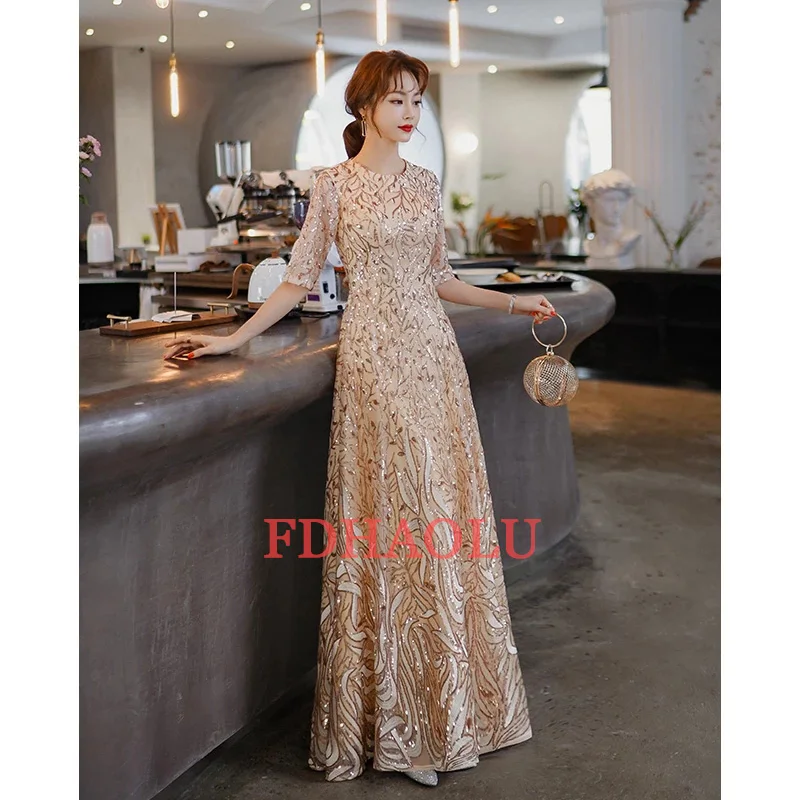 FDHAOLU FU107 New Luxury Sequins Evening Dress Banquet Elegant Gold Half Sleeved Party Prom Gown Robe De Soiree Customized 4