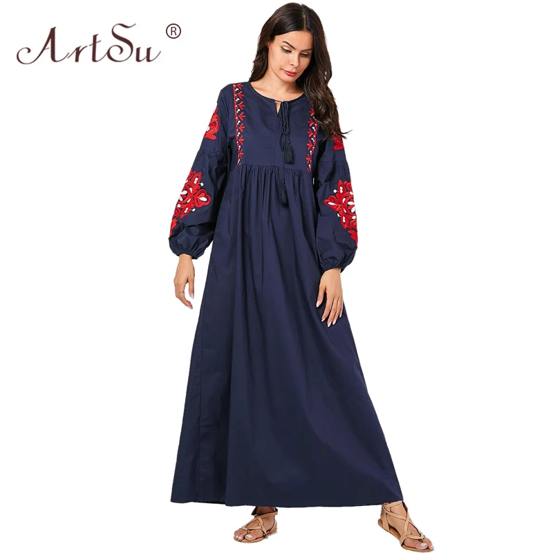 

ArtSu Retro Tribal Ethnic Embroidery Long Dress Plus Size Women Tassel Lantern Sleeve Maxi Dresses A-Line Robe Femme Royal Blue