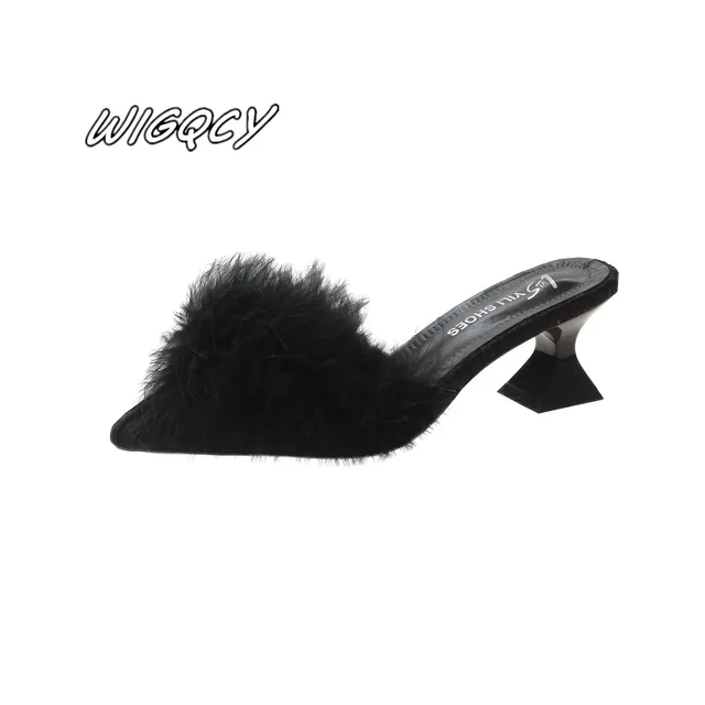 2020 new women's set toe-shaped non-slip high heels fashion rubber bottom elastic cloth summer shallow fur shoes 1